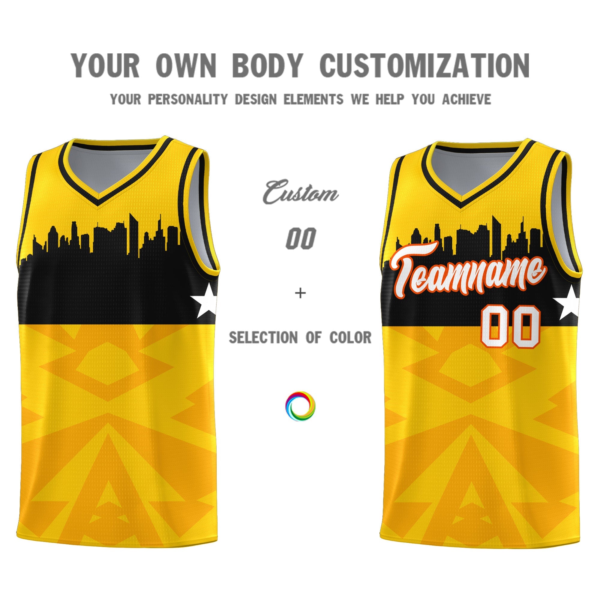 Custom Gold Personalized City Silhouette Pattern Sports Uniform Basketball Jersey