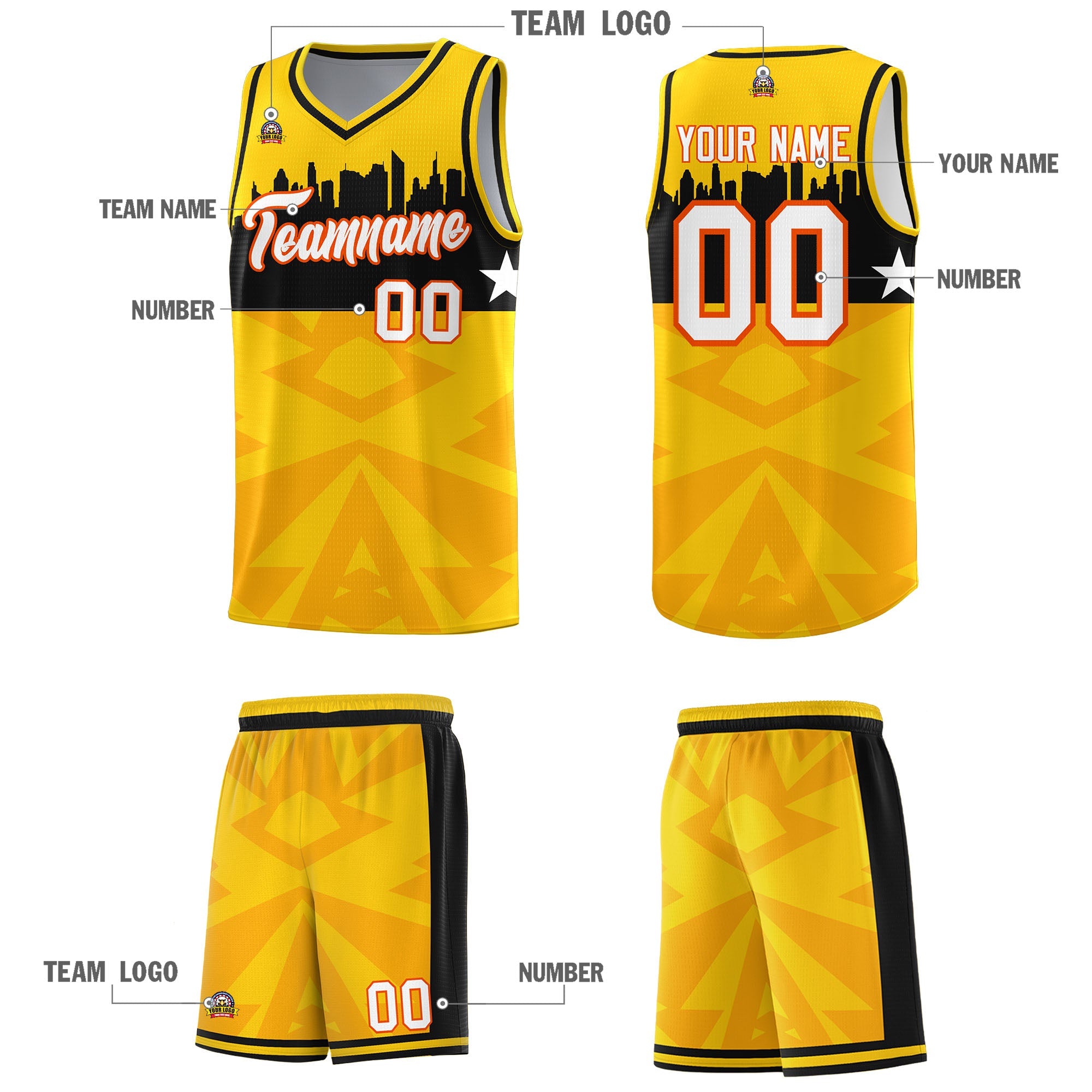 Custom Gold Personalized City Silhouette Pattern Sports Uniform Basketball Jersey