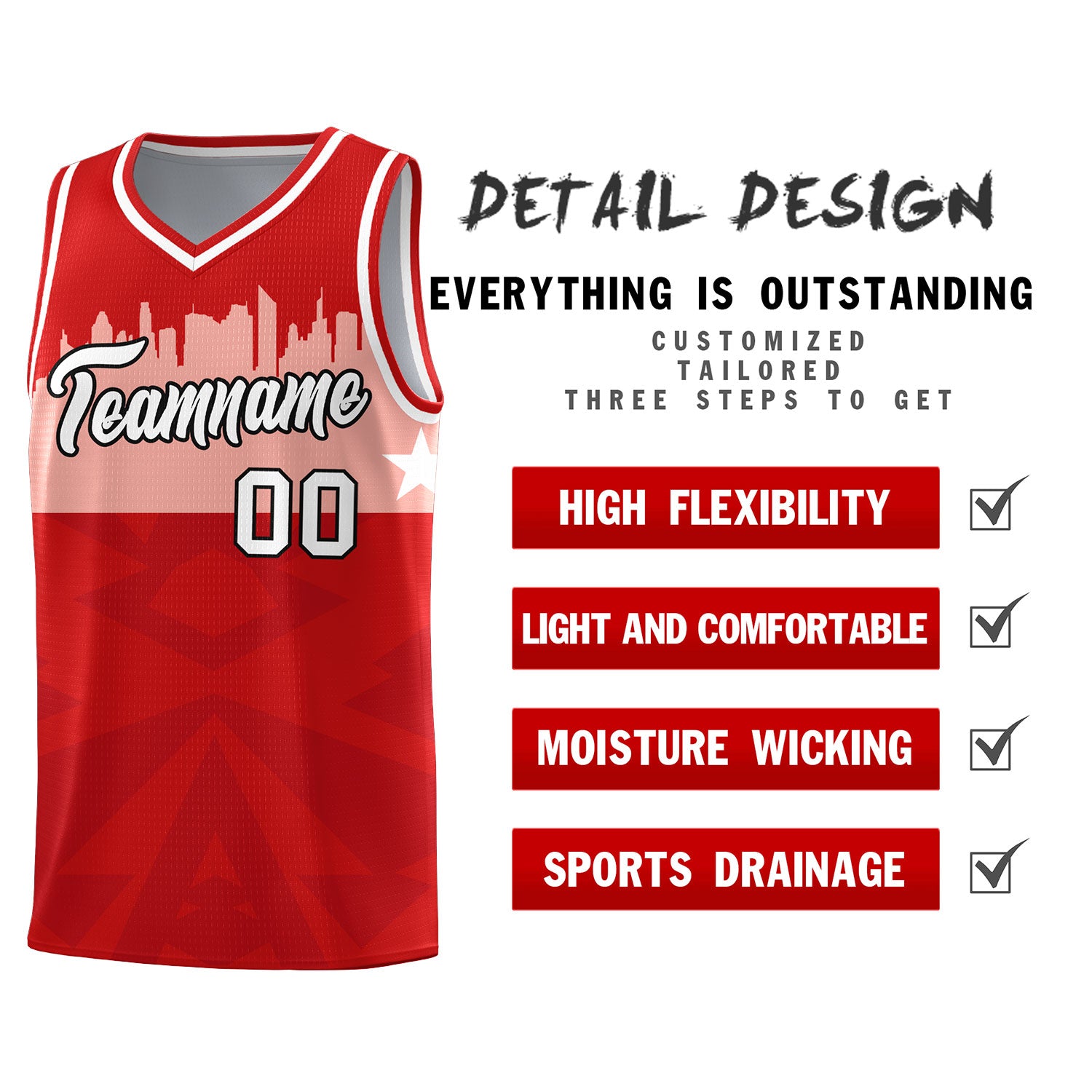 Custom Red Personalized City Silhouette Pattern Sports Uniform Basketball Jersey