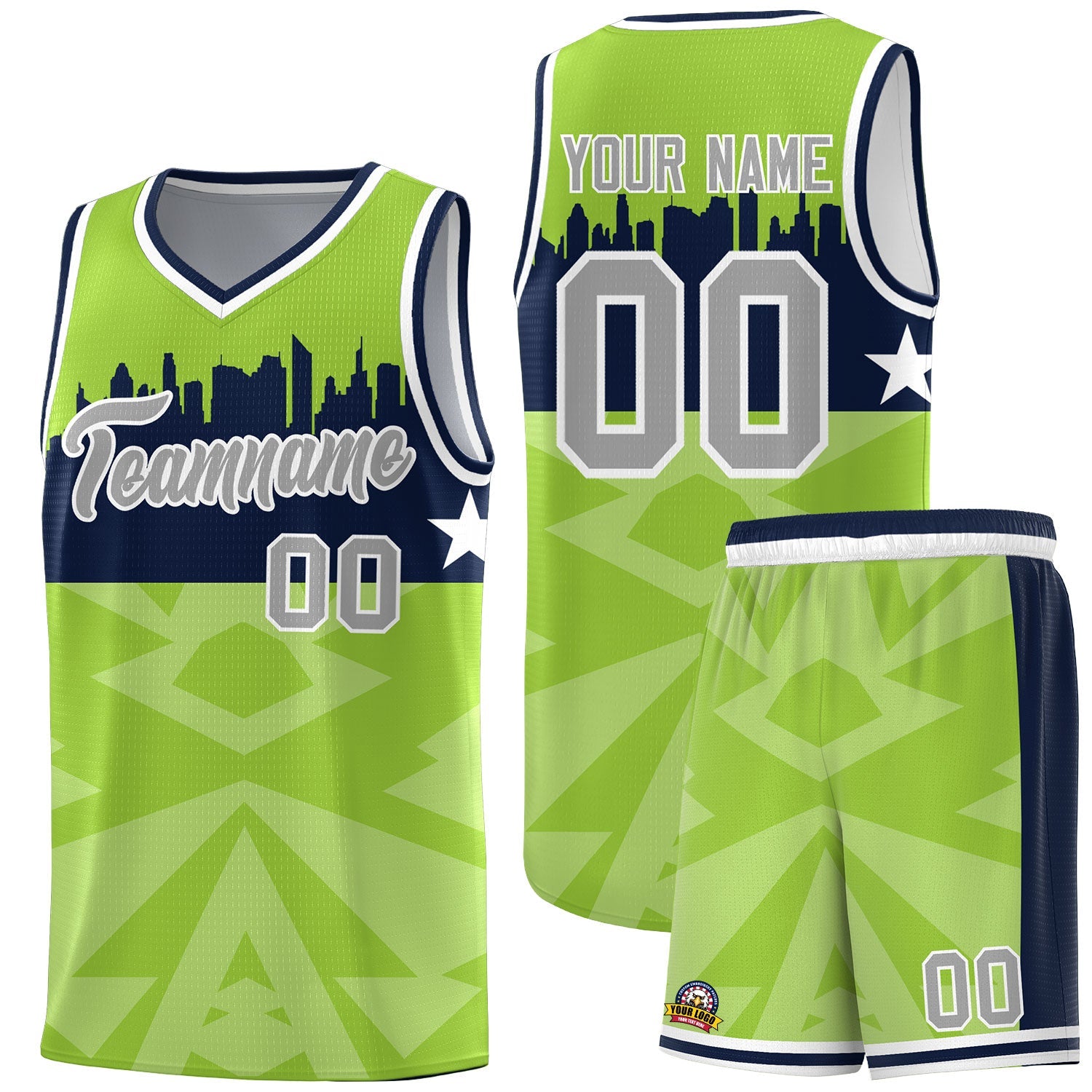 Custom Neon Green Personalized City Silhouette Pattern Sports Uniform Basketball Jersey