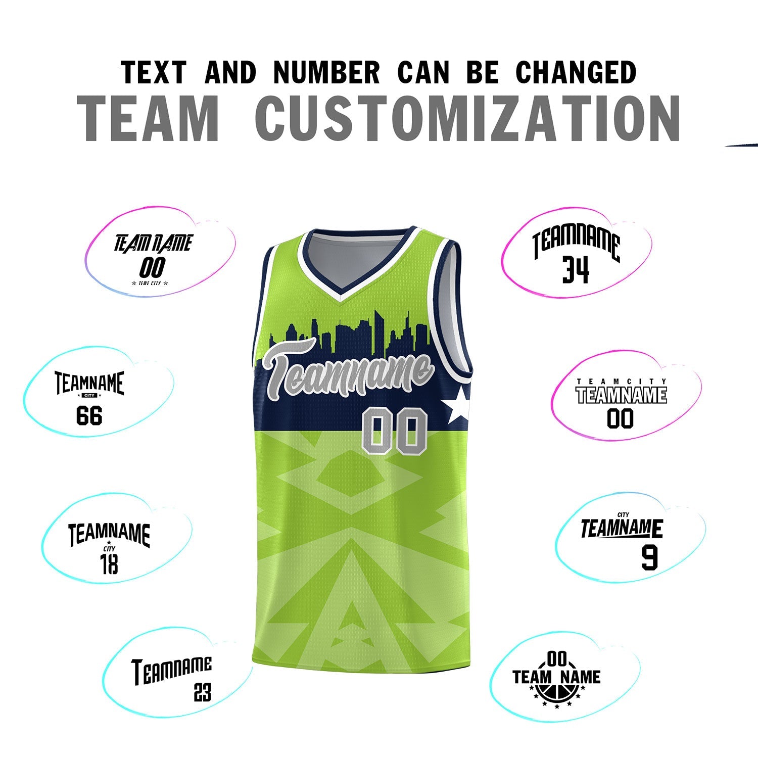 Custom Neon Green Personalized City Silhouette Pattern Sports Uniform Basketball Jersey