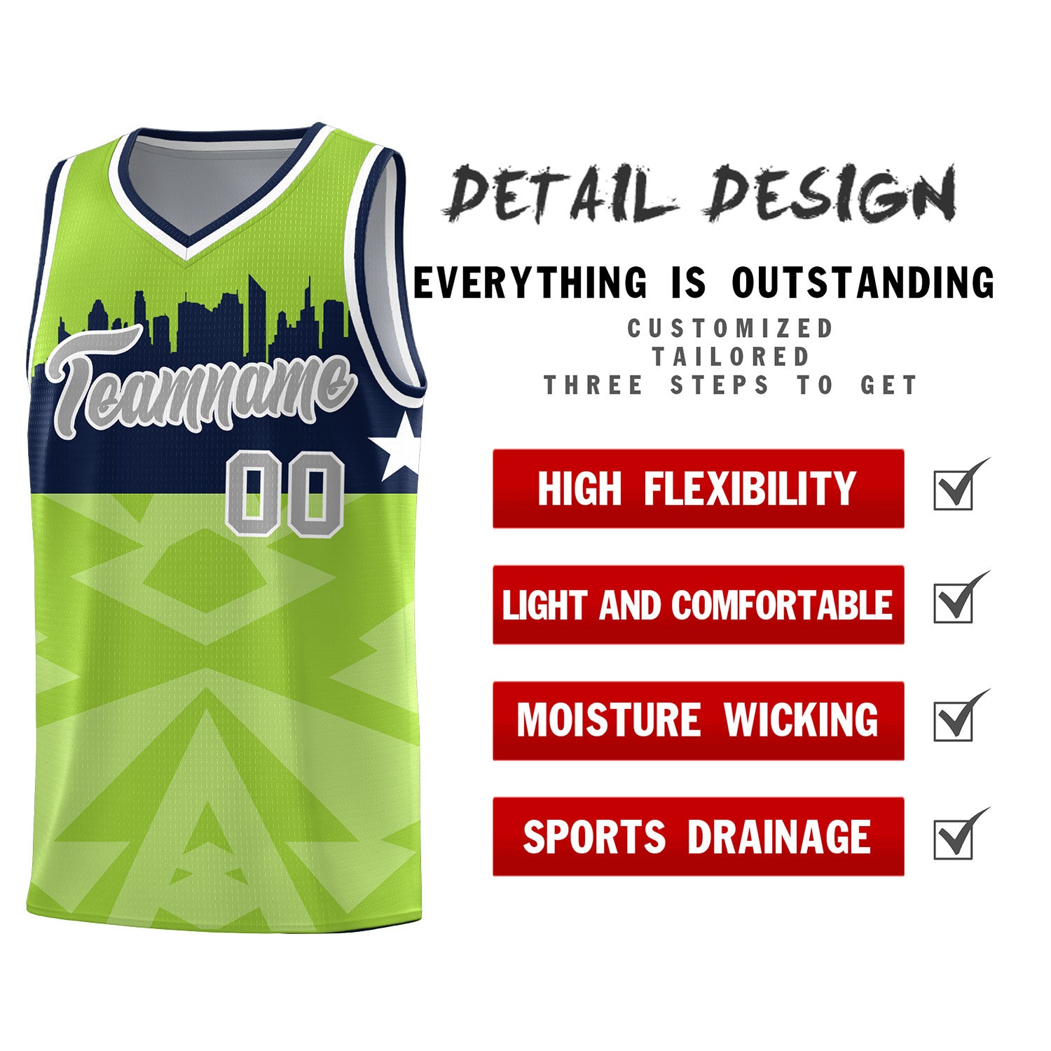 Custom Neon Green Personalized City Silhouette Pattern Sports Uniform Basketball Jersey