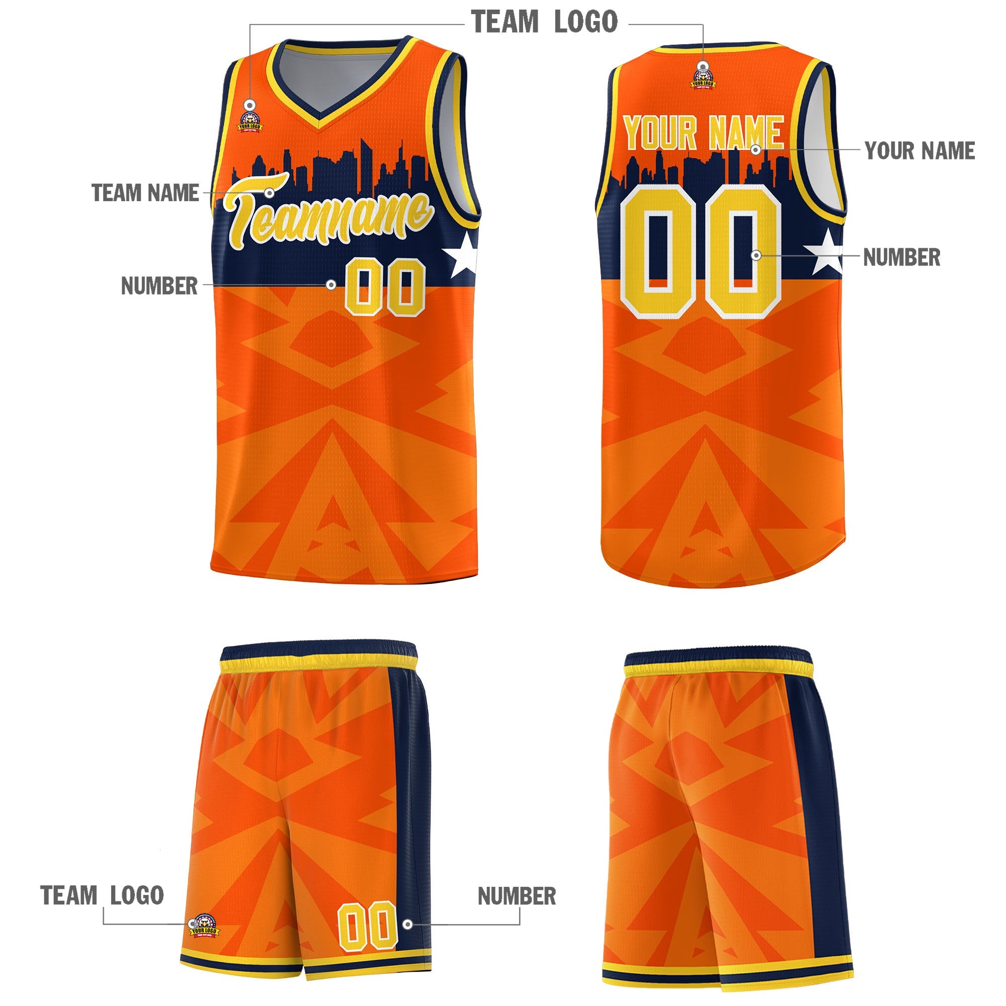 Custom Orange Personalized City Silhouette Pattern Sports Uniform Basketball Jersey