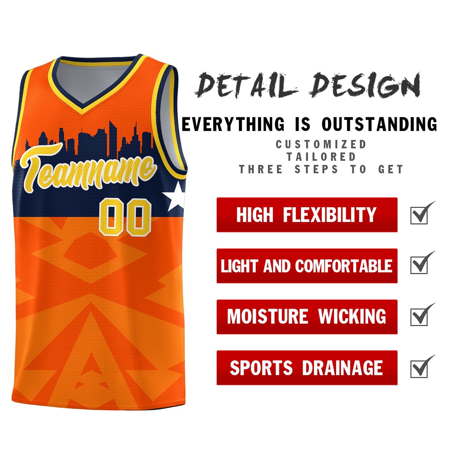 Custom Orange Personalized City Silhouette Pattern Sports Uniform Basketball Jersey