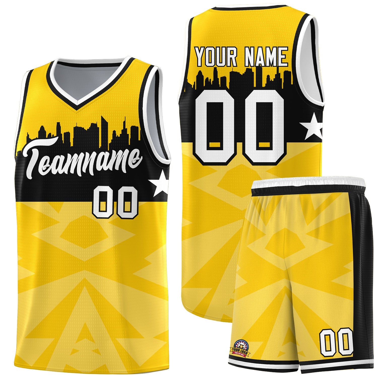 Custom Gold Personalized City Silhouette Pattern Sports Uniform Basketball Jersey