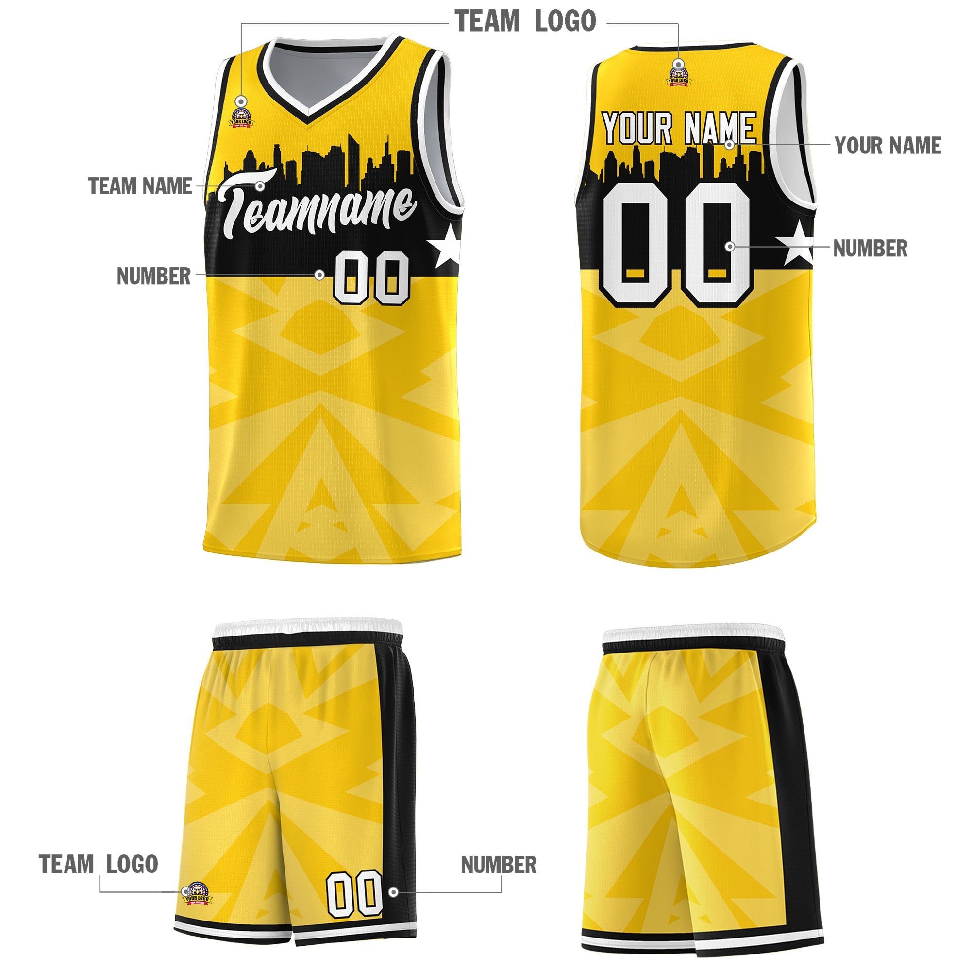 Custom Gold Personalized City Silhouette Pattern Sports Uniform Basketball Jersey