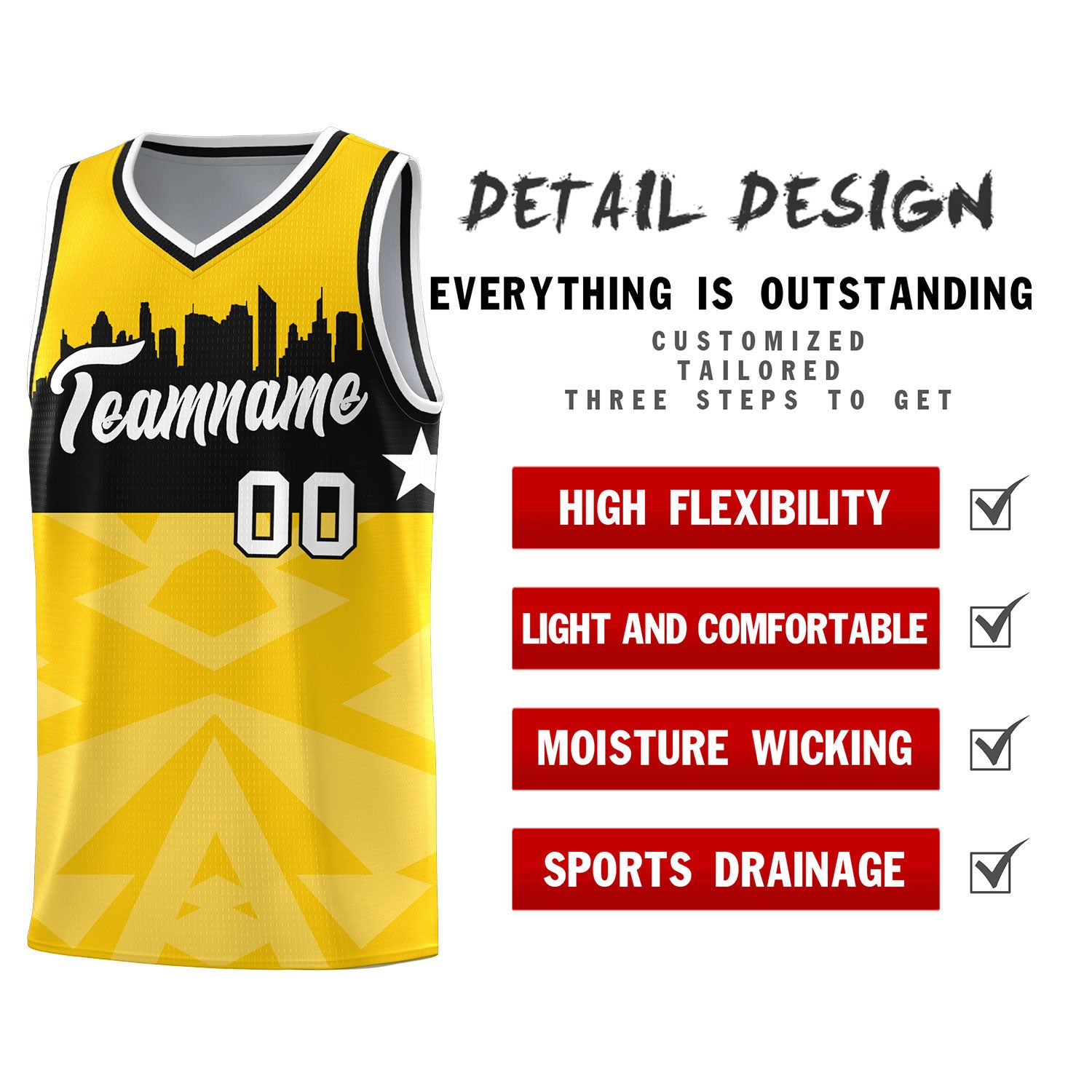 Custom Gold Personalized City Silhouette Pattern Sports Uniform Basketball Jersey