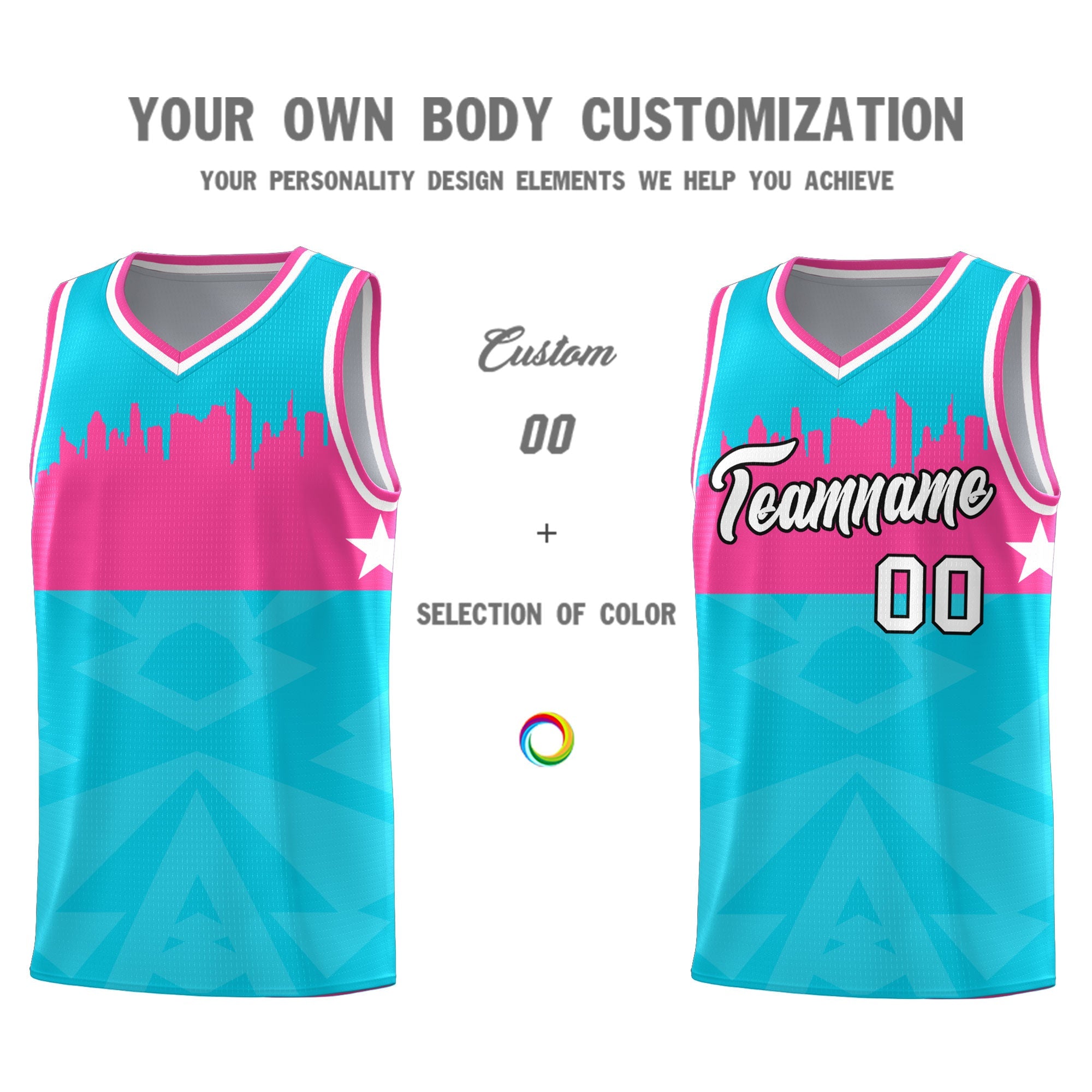 Custom Sky Blue Personalized City Silhouette Pattern Sports Uniform Basketball Jersey