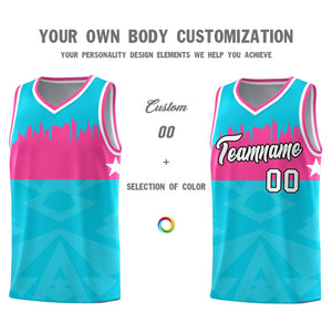 Custom Sky Blue Personalized City Silhouette Pattern Sports Uniform Basketball Jersey