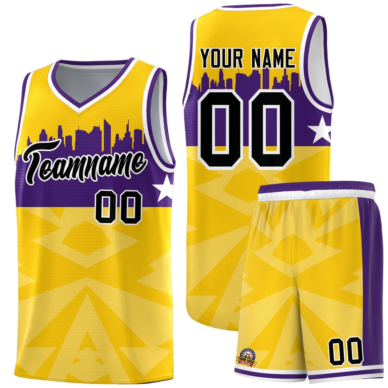 Custom Gold Personalized City Silhouette Pattern Sports Uniform Basketball Jersey