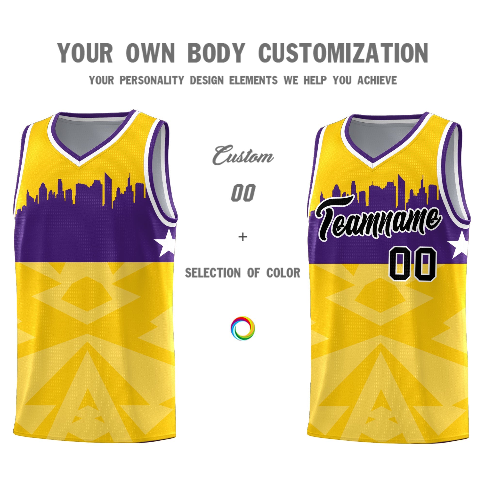 Custom Gold Personalized City Silhouette Pattern Sports Uniform Basketball Jersey