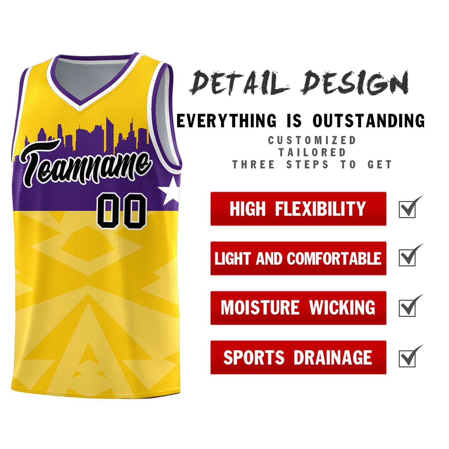 Custom Gold Personalized City Silhouette Pattern Sports Uniform Basketball Jersey