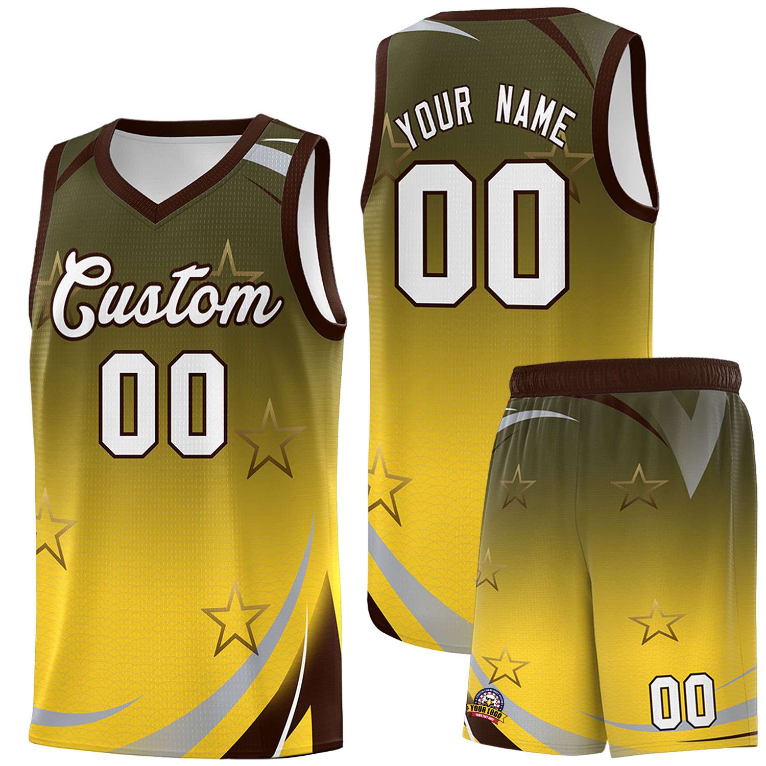 Custom Olive Gold Gradient Star Graffiti Pattern Sports Uniform Basketball Jersey