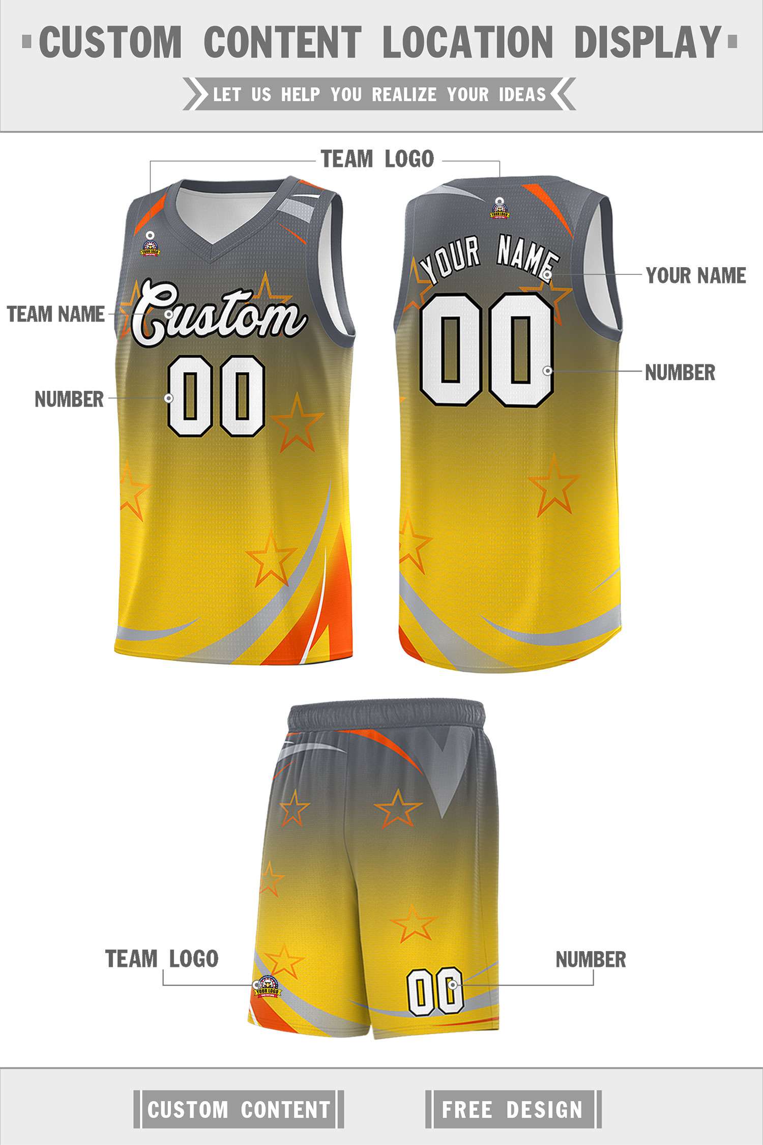 Custom Gray Gold Gradient Star Graffiti Pattern Sports Uniform Basketball Jersey