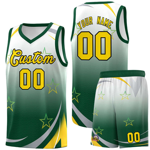 Custom White Green Gradient Star Graffiti Pattern Sports Uniform Basketball Jersey