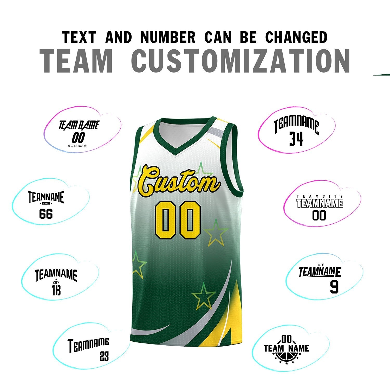 Custom White Green Gradient Star Graffiti Pattern Sports Uniform Basketball Jersey