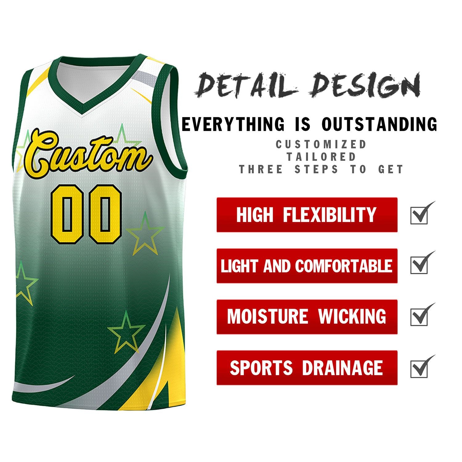 Custom White Green Gradient Star Graffiti Pattern Sports Uniform Basketball Jersey