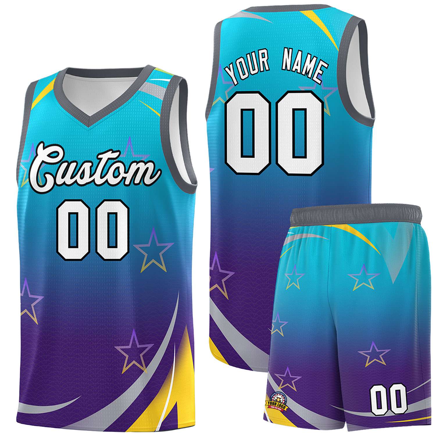 Custom Powder Blue Purple Gradient Star Graffiti Pattern Sports Uniform Basketball Jersey