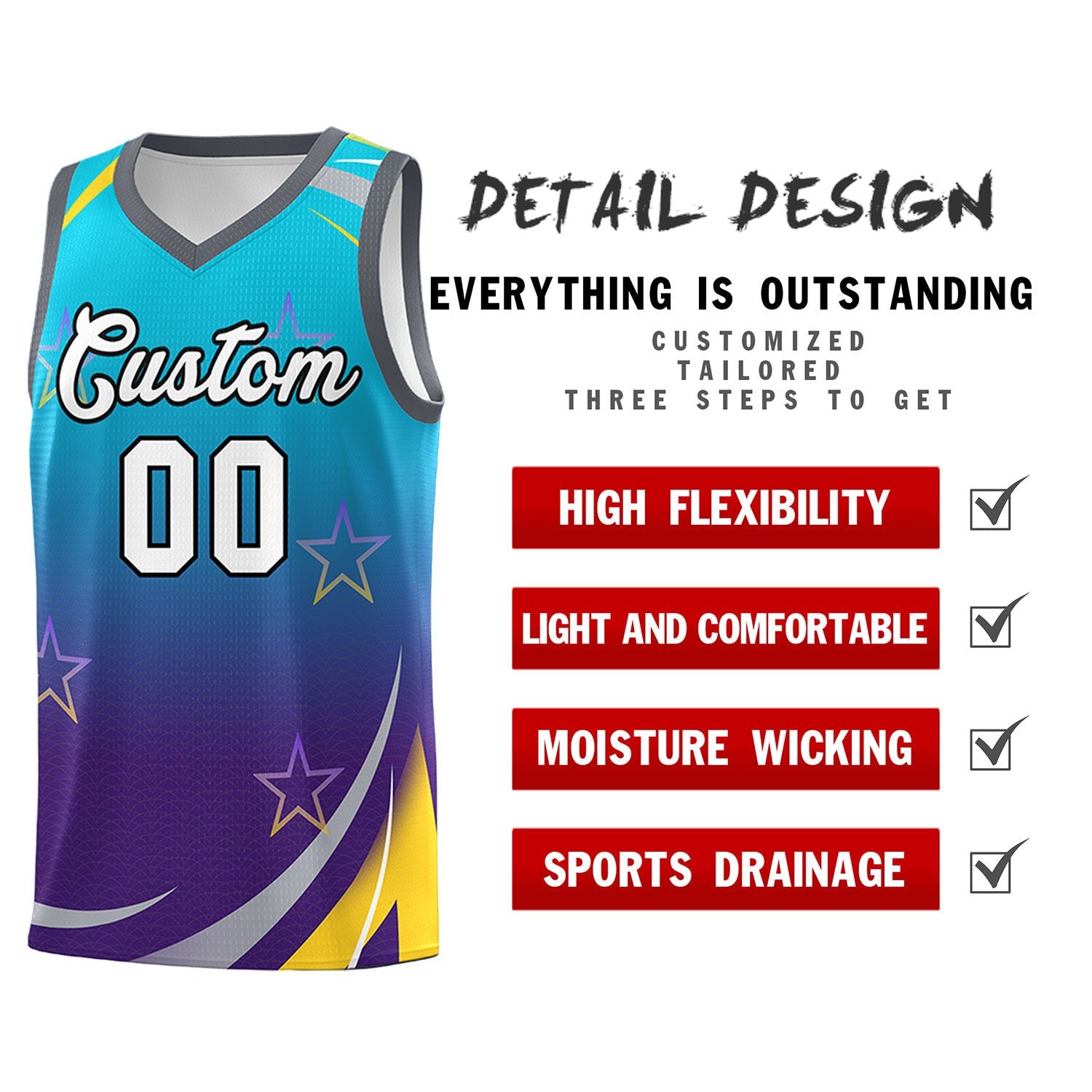 Custom Powder Blue Purple Gradient Star Graffiti Pattern Sports Uniform Basketball Jersey