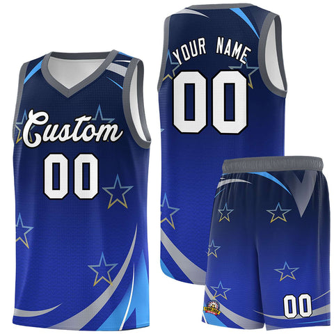 Custom Navy Royal Gradient Star Graffiti Pattern Sports Uniform Basketball Jersey