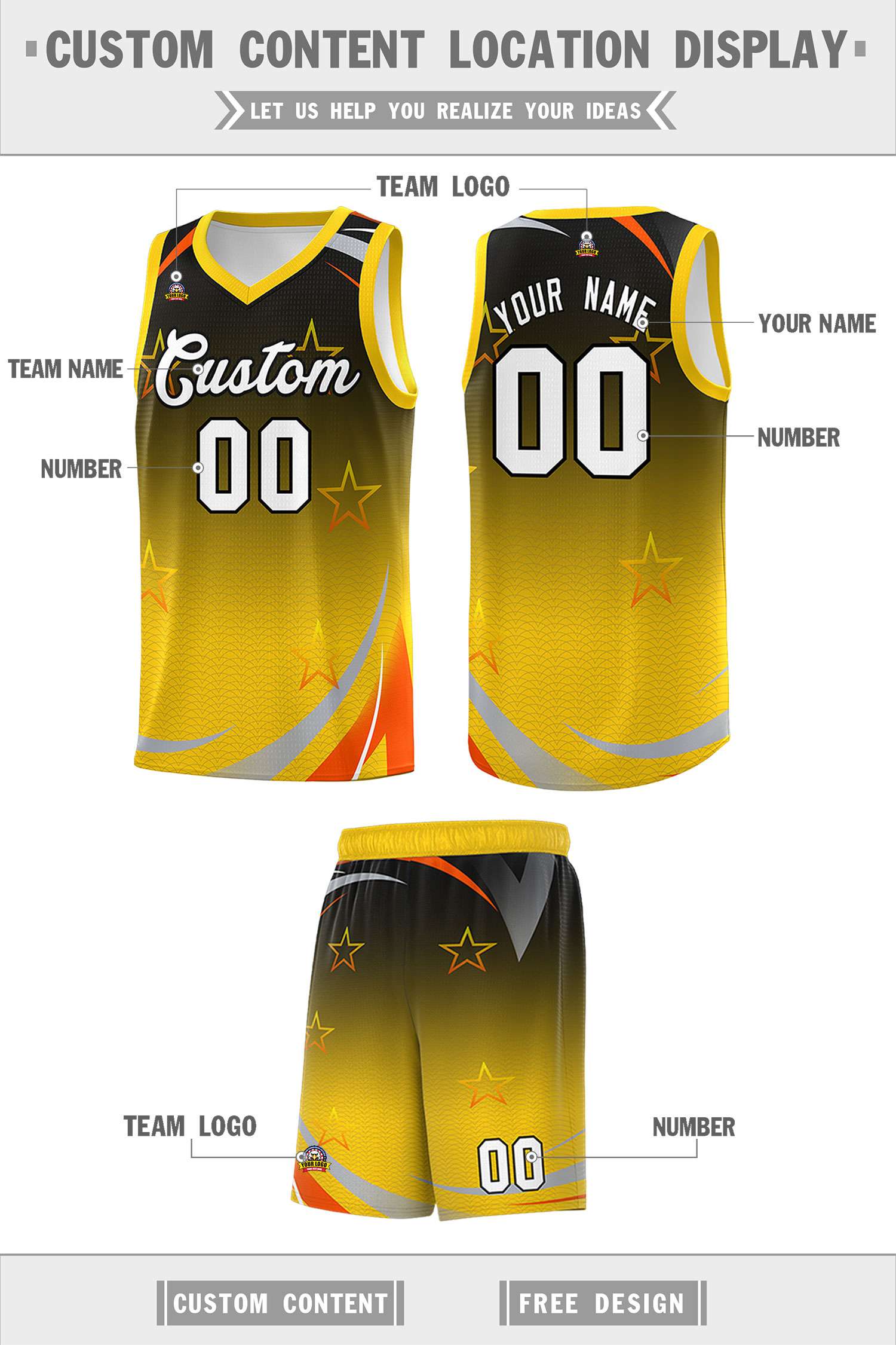 Custom Black Gold Gradient Star Graffiti Pattern Sports Uniform Basketball Jersey