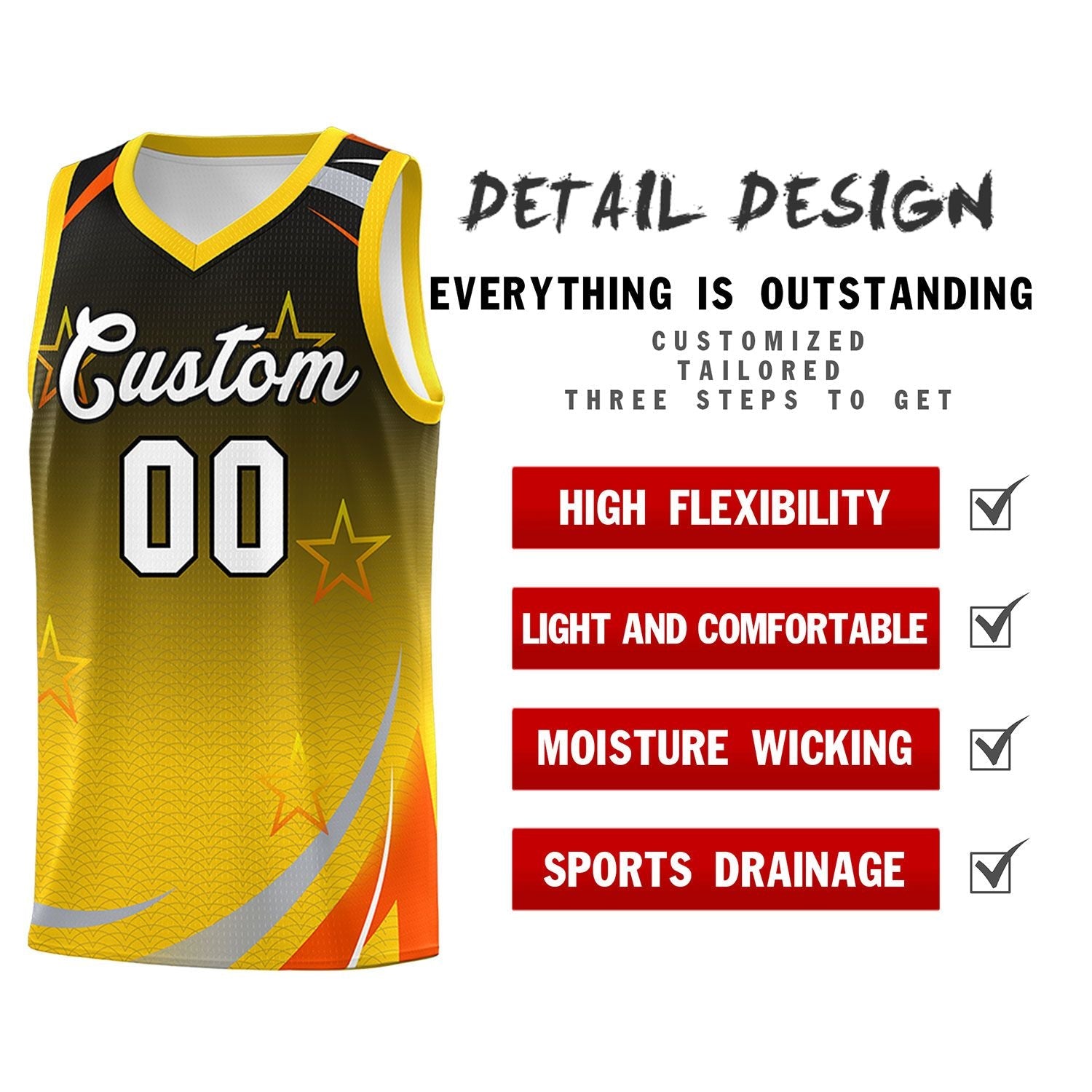 Custom Black Gold Gradient Star Graffiti Pattern Sports Uniform Basketball Jersey