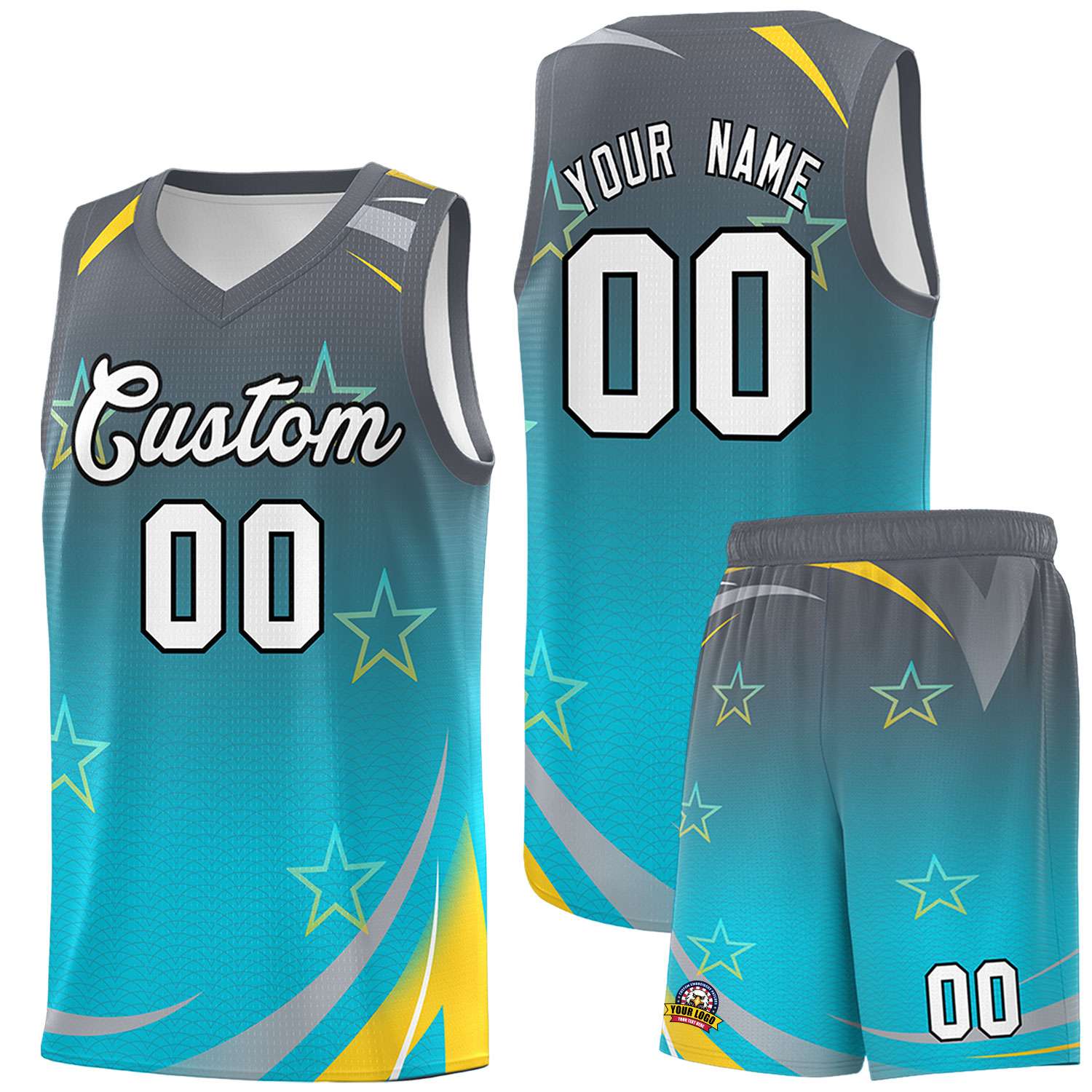 Custom Gray Sky Blue Gradient Star Graffiti Pattern Sports Uniform Basketball Jersey