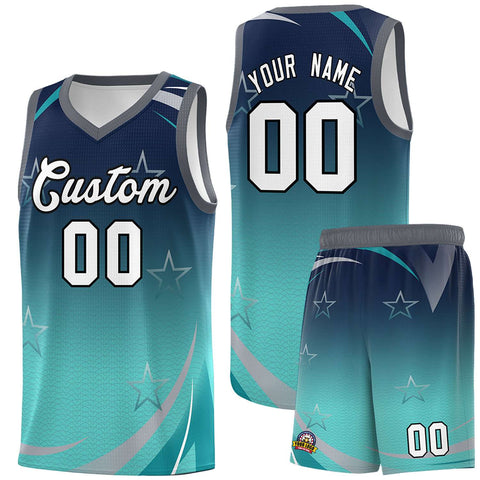 Custom Navy Aqua Gradient Star Graffiti Pattern Sports Uniform Basketball Jersey