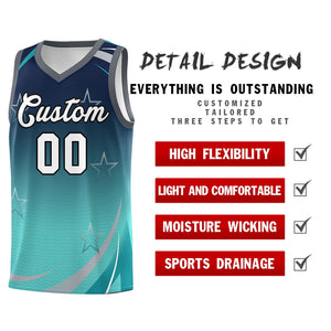 Custom Navy Aqua Gradient Star Graffiti Pattern Sports Uniform Basketball Jersey