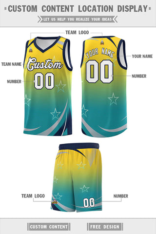 Custom Gold Aqua Gradient Star Graffiti Pattern Sports Uniform Basketball Jersey