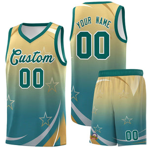 Custom Khaki Aqua Gradient Star Graffiti Pattern Sports Uniform Basketball Jersey