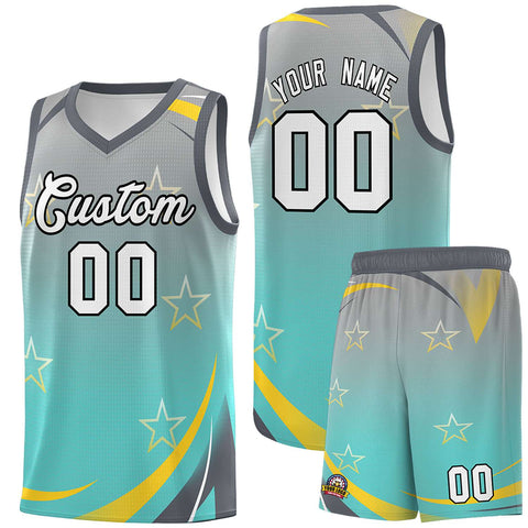 Custom Light Gray Aqua Gradient Star Graffiti Pattern Sports Uniform Basketball Jersey