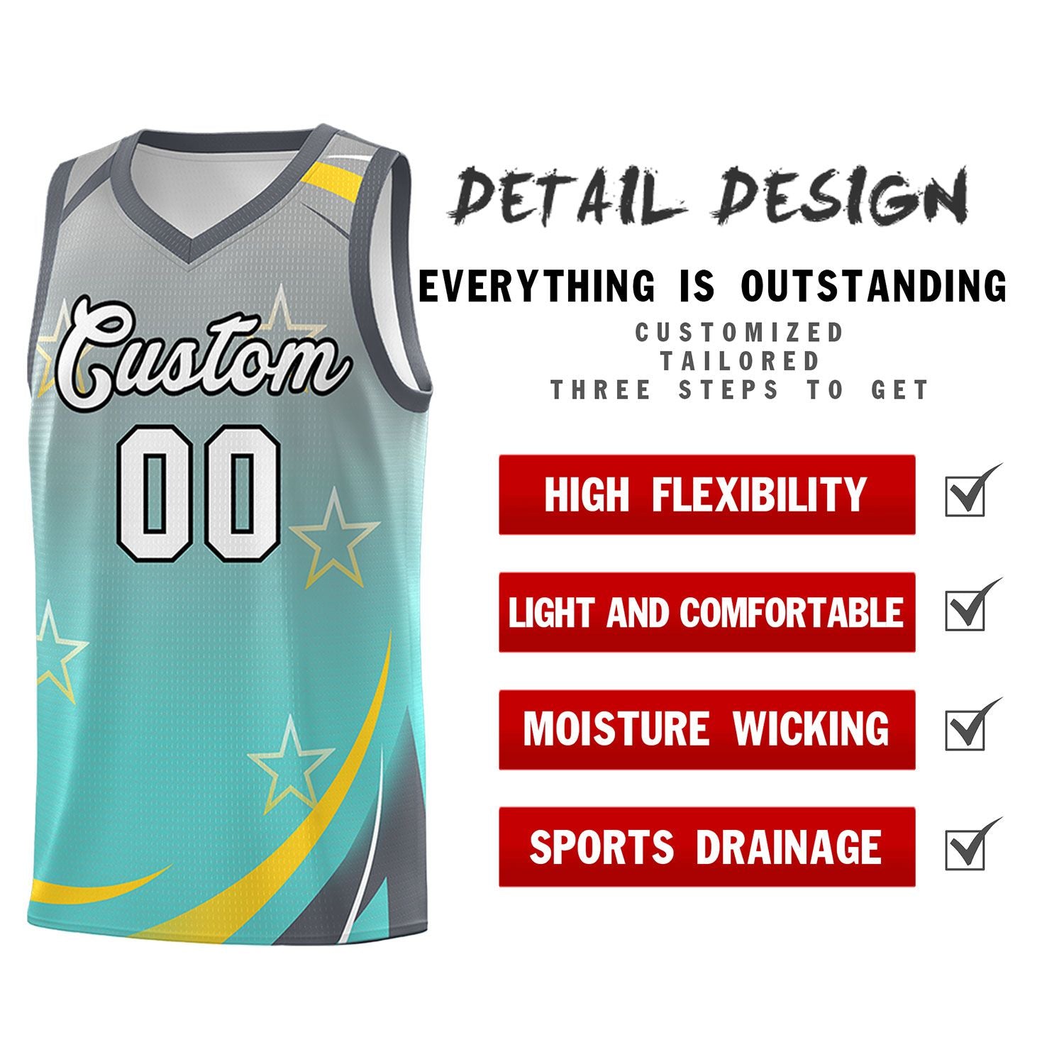 Custom Light Gray Aqua Gradient Star Graffiti Pattern Sports Uniform Basketball Jersey