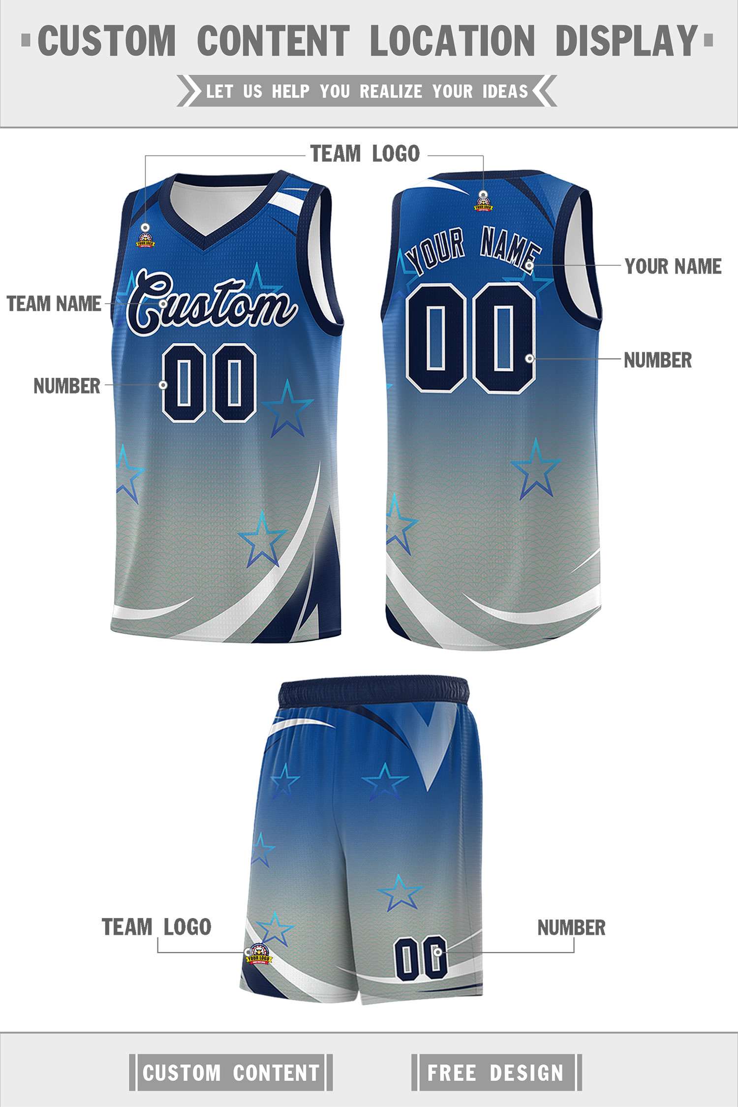 Custom Royal Light Gray Gradient Star Graffiti Pattern Sports Uniform Basketball Jersey