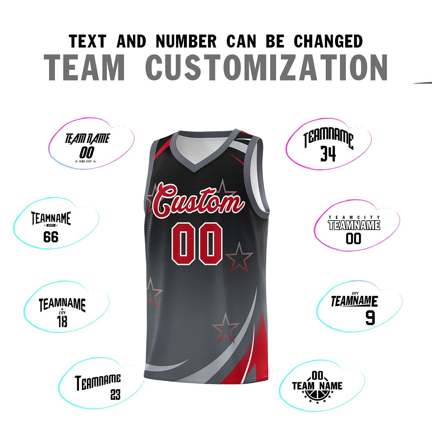 Custom Black Dark Gray Gradient Star Graffiti Pattern Sports Uniform Basketball Jersey