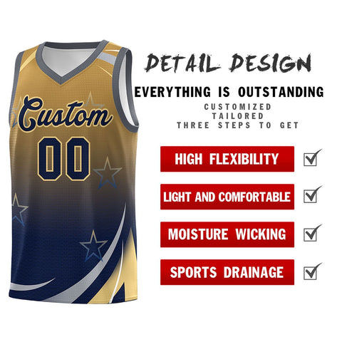 Custom Old Gold Navy Gradient Star Graffiti Pattern Sports Uniform Basketball Jersey