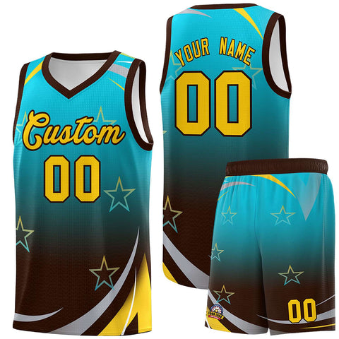 Custom Sky Blue Brown Gradient Star Graffiti Pattern Sports Uniform Basketball Jersey