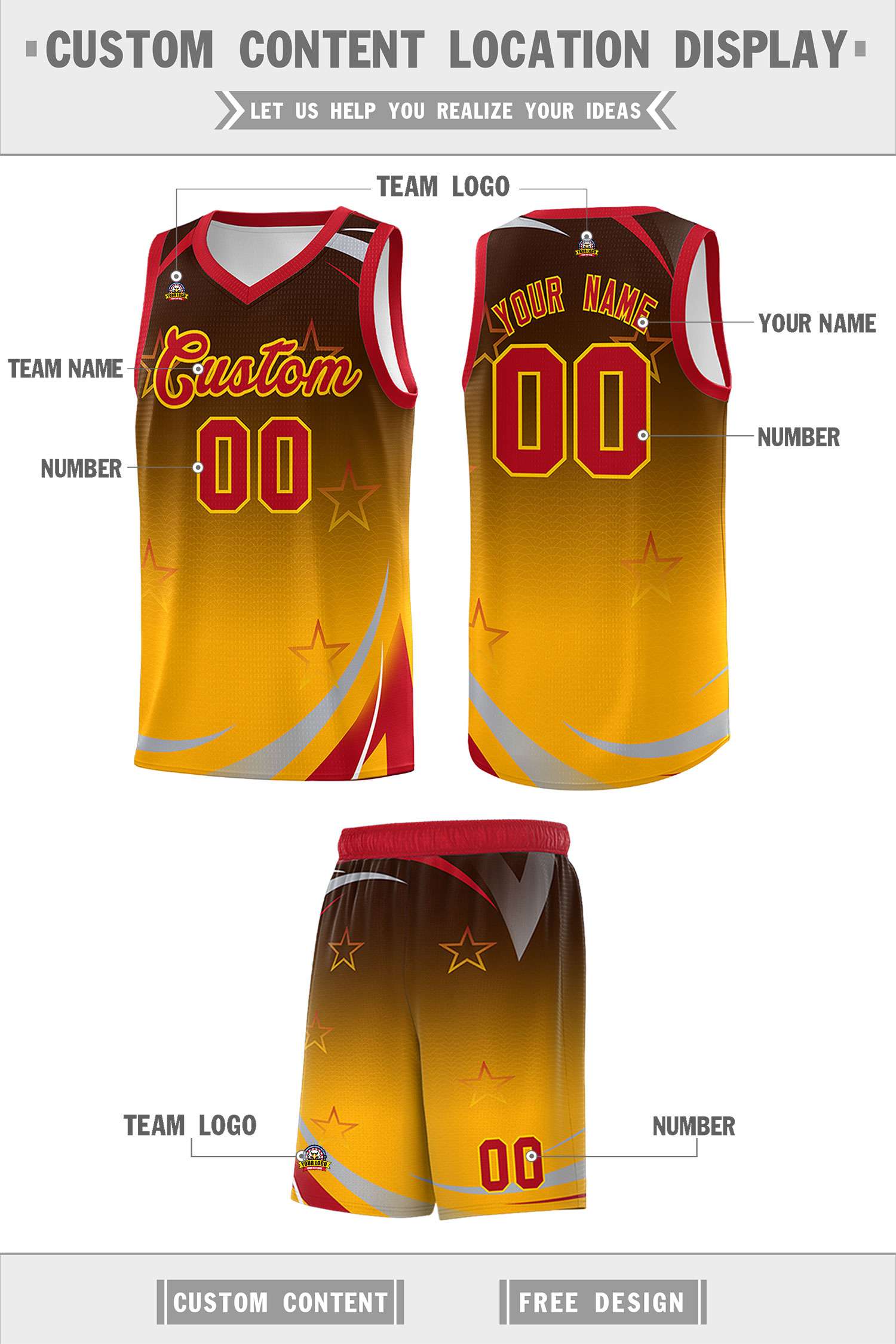 Custom Brown Yellow Gradient Star Graffiti Pattern Sports Uniform Basketball Jersey