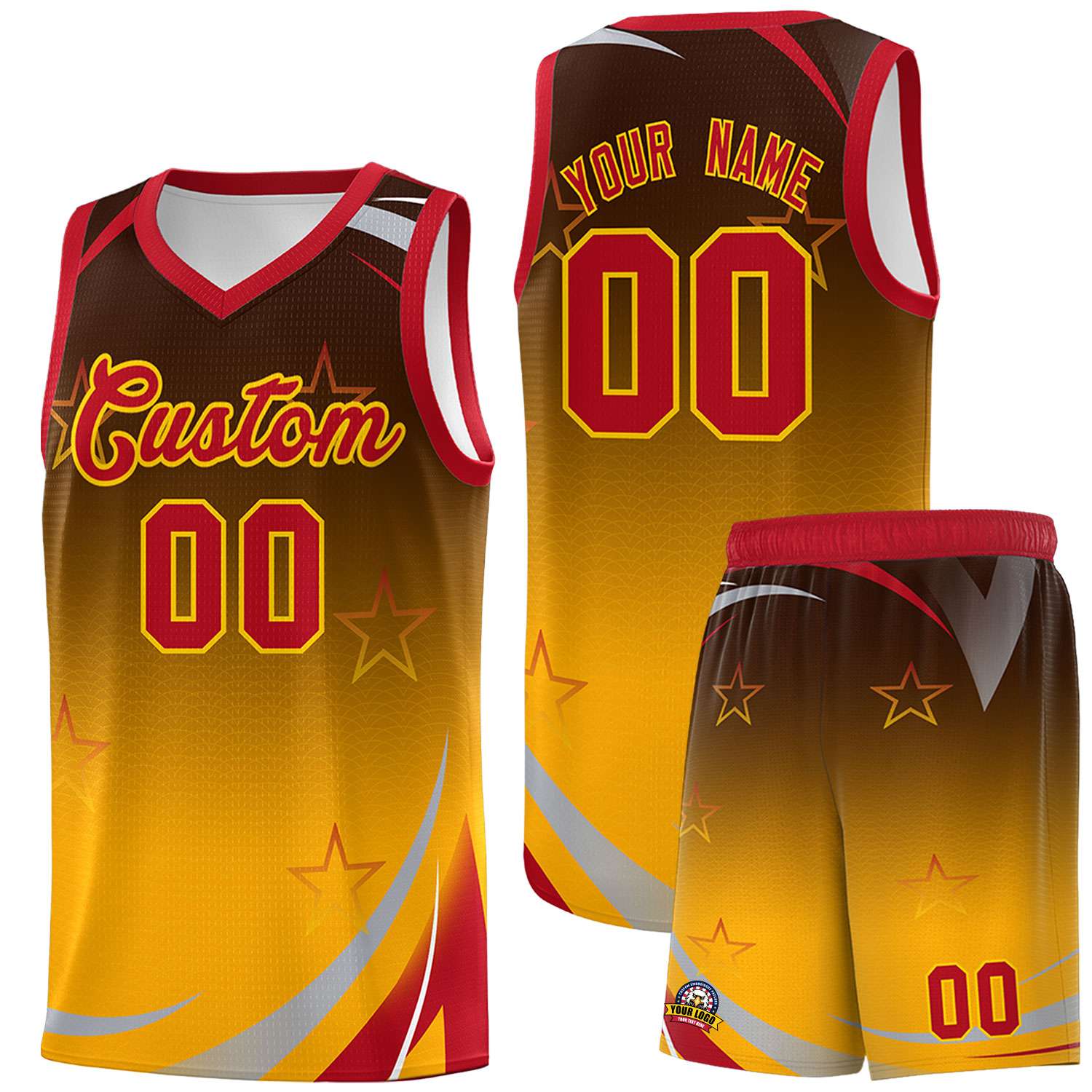 Custom Brown Yellow Gradient Star Graffiti Pattern Sports Uniform Basketball Jersey