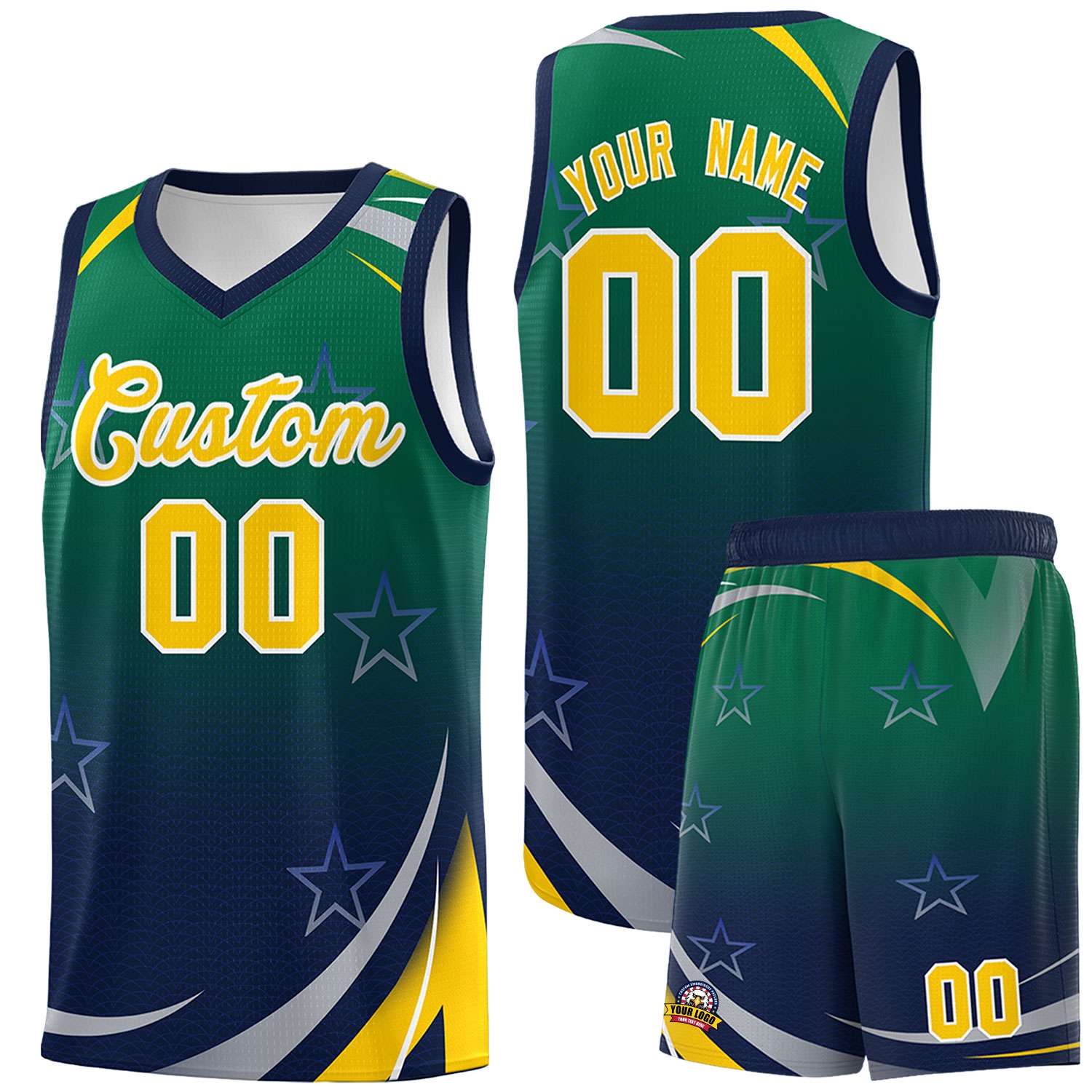 Custom Kelly Green Navy Gradient Star Graffiti Pattern Sports Uniform Basketball Jersey