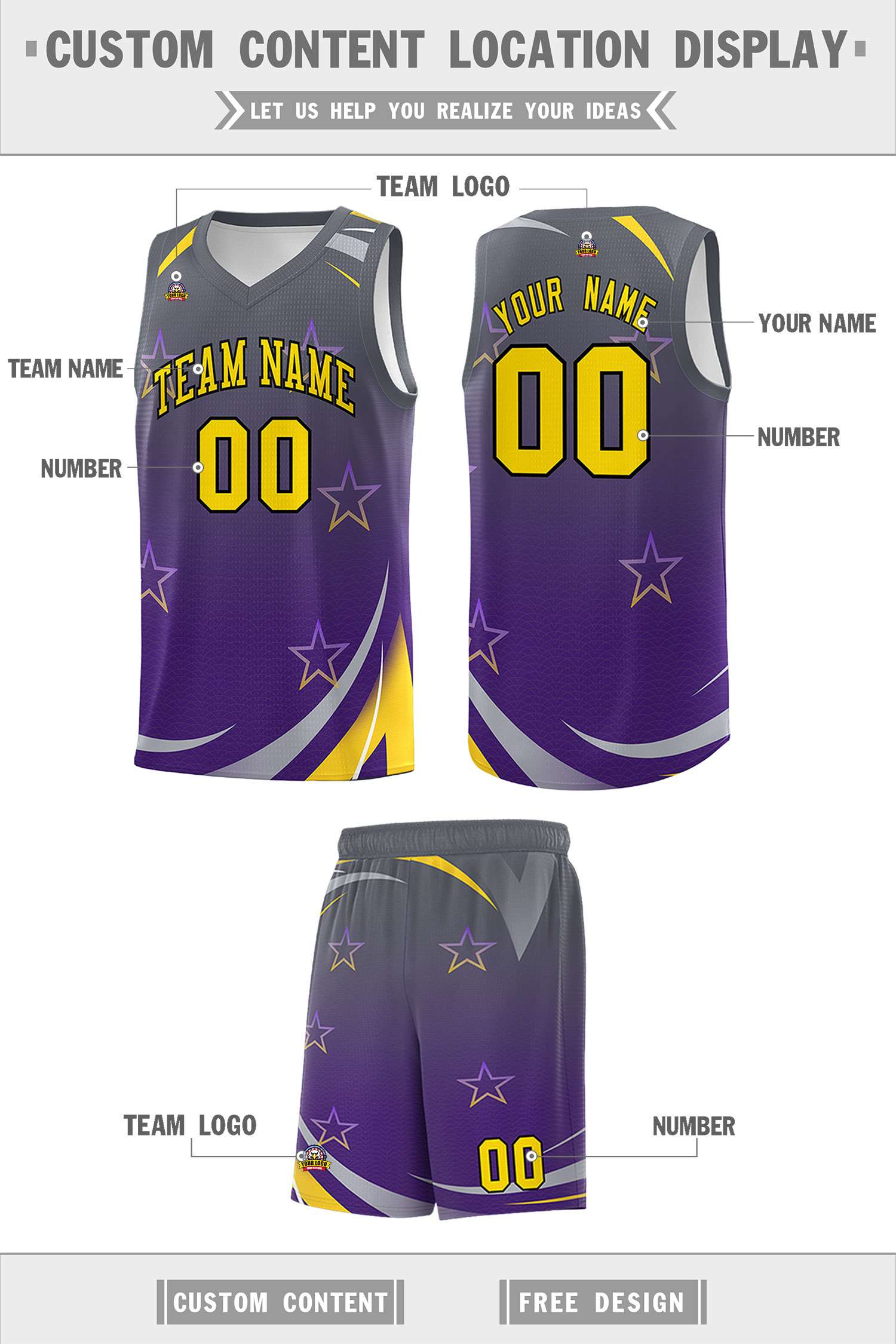 Custom Gray Purple Gradient Star Graffiti Pattern Sports Uniform Basketball Jersey