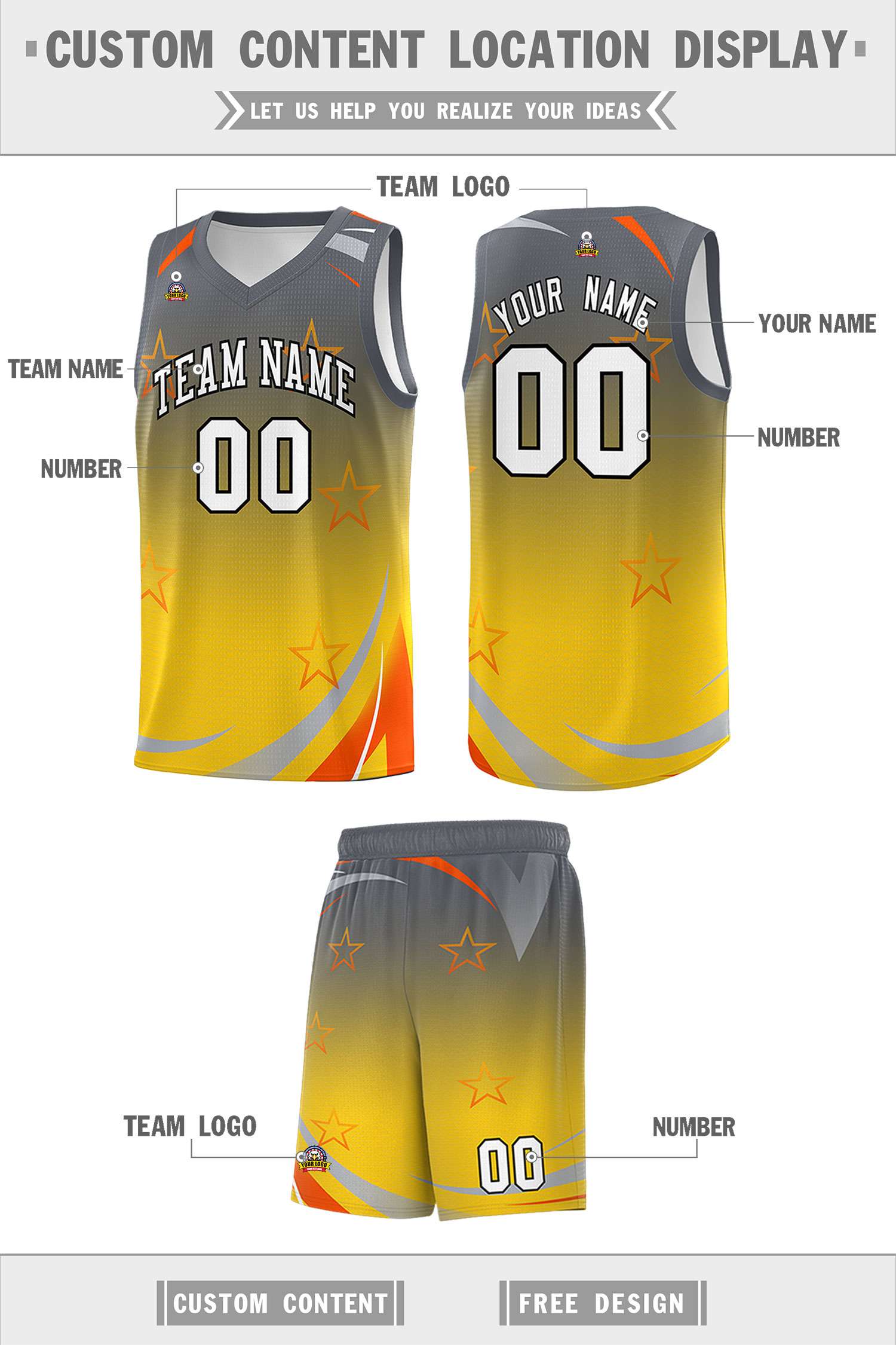 Custom Gray Gold Gradient Star Graffiti Pattern Sports Uniform Basketball Jersey