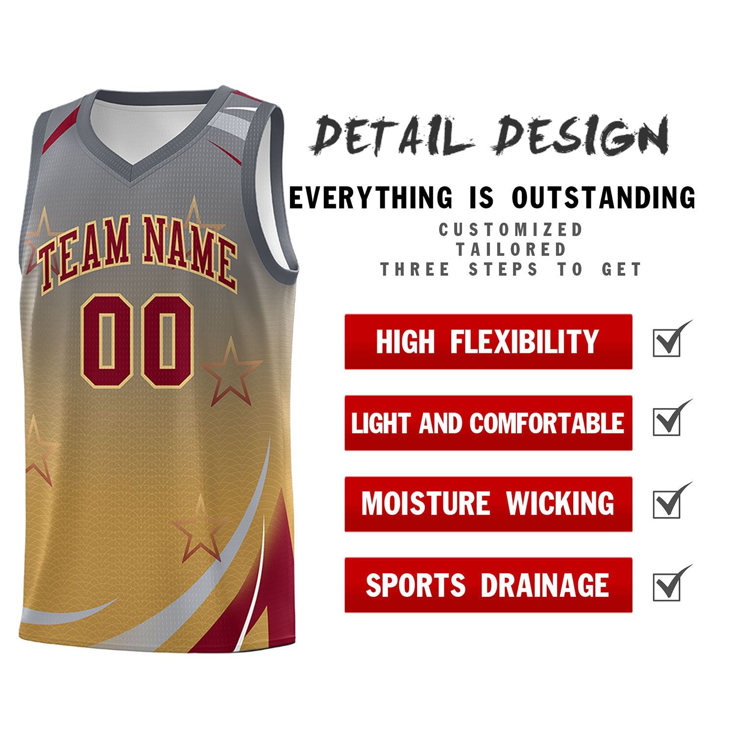 Custom Gray Old Gold Gradient Star Graffiti Pattern Sports Uniform Basketball Jersey