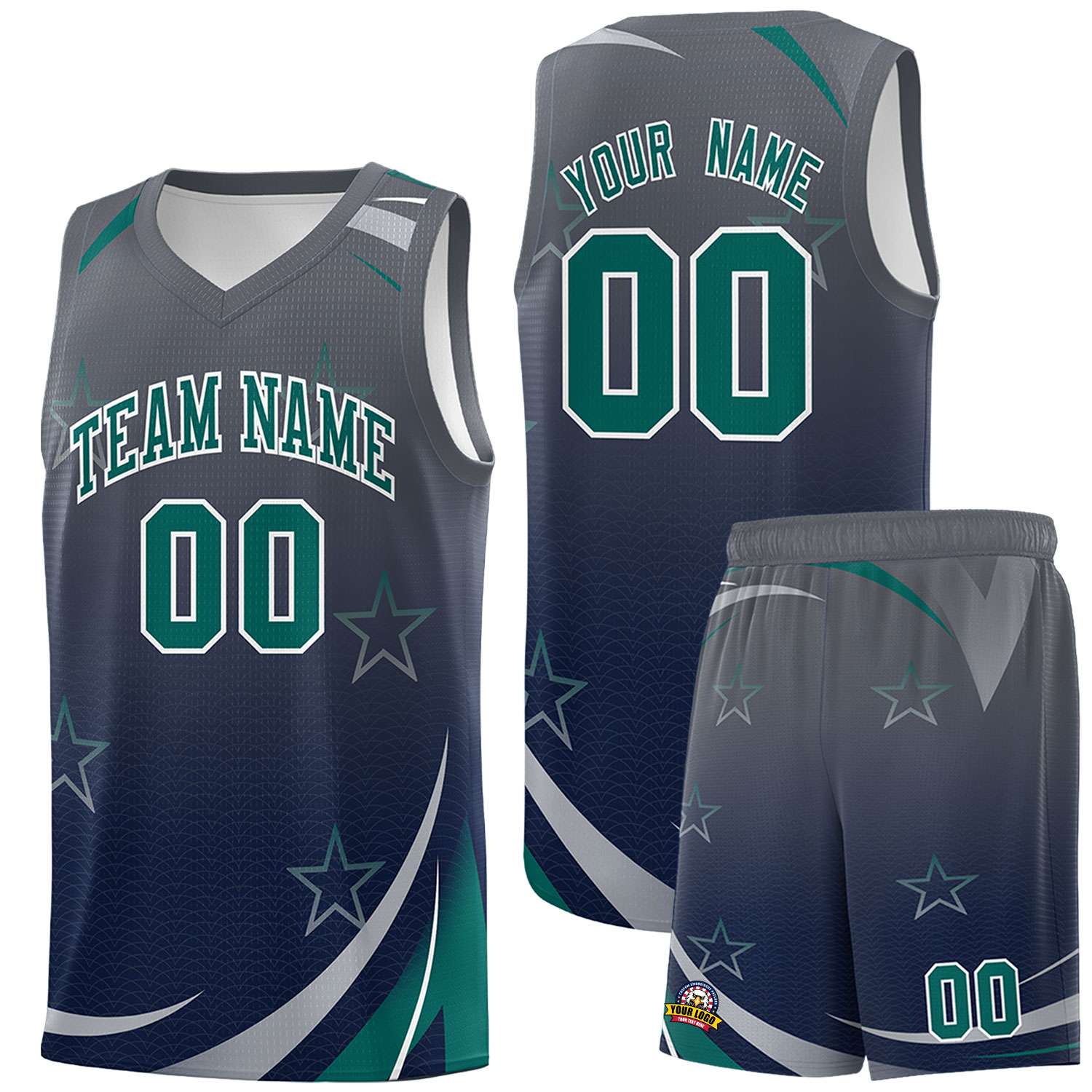 Custom Gray Navy Gradient Star Graffiti Pattern Sports Uniform Basketball Jersey