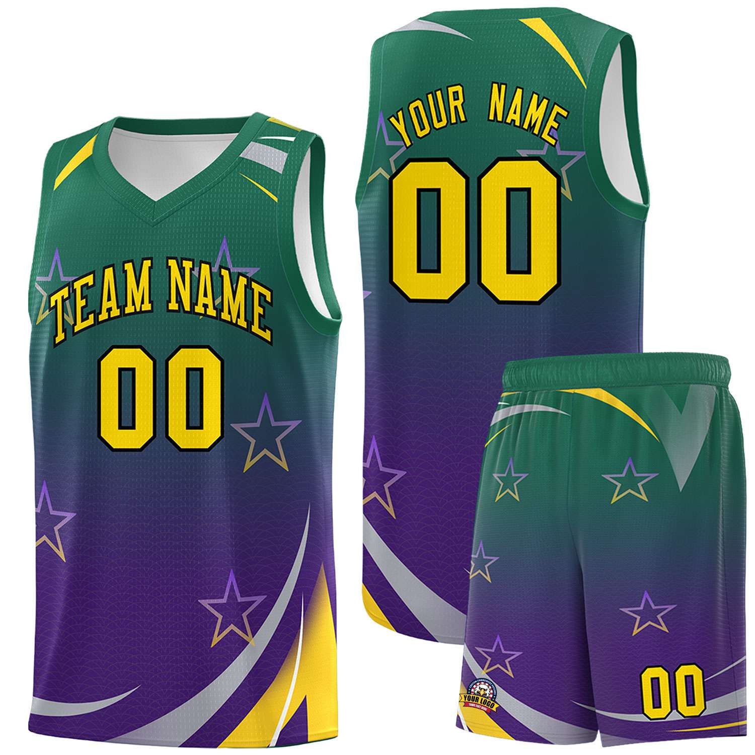 Custom Kelly Green Purple Gradient Star Graffiti Pattern Sports Uniform Basketball Jersey