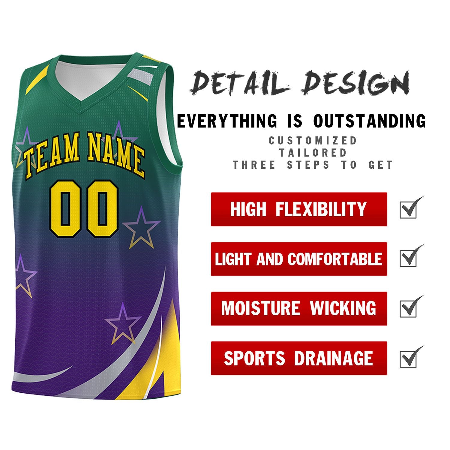 Custom Kelly Green Purple Gradient Star Graffiti Pattern Sports Uniform Basketball Jersey