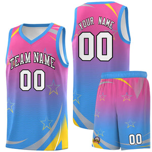 Custom Pink Powder Blue Gradient Star Graffiti Pattern Sports Uniform Basketball Jersey