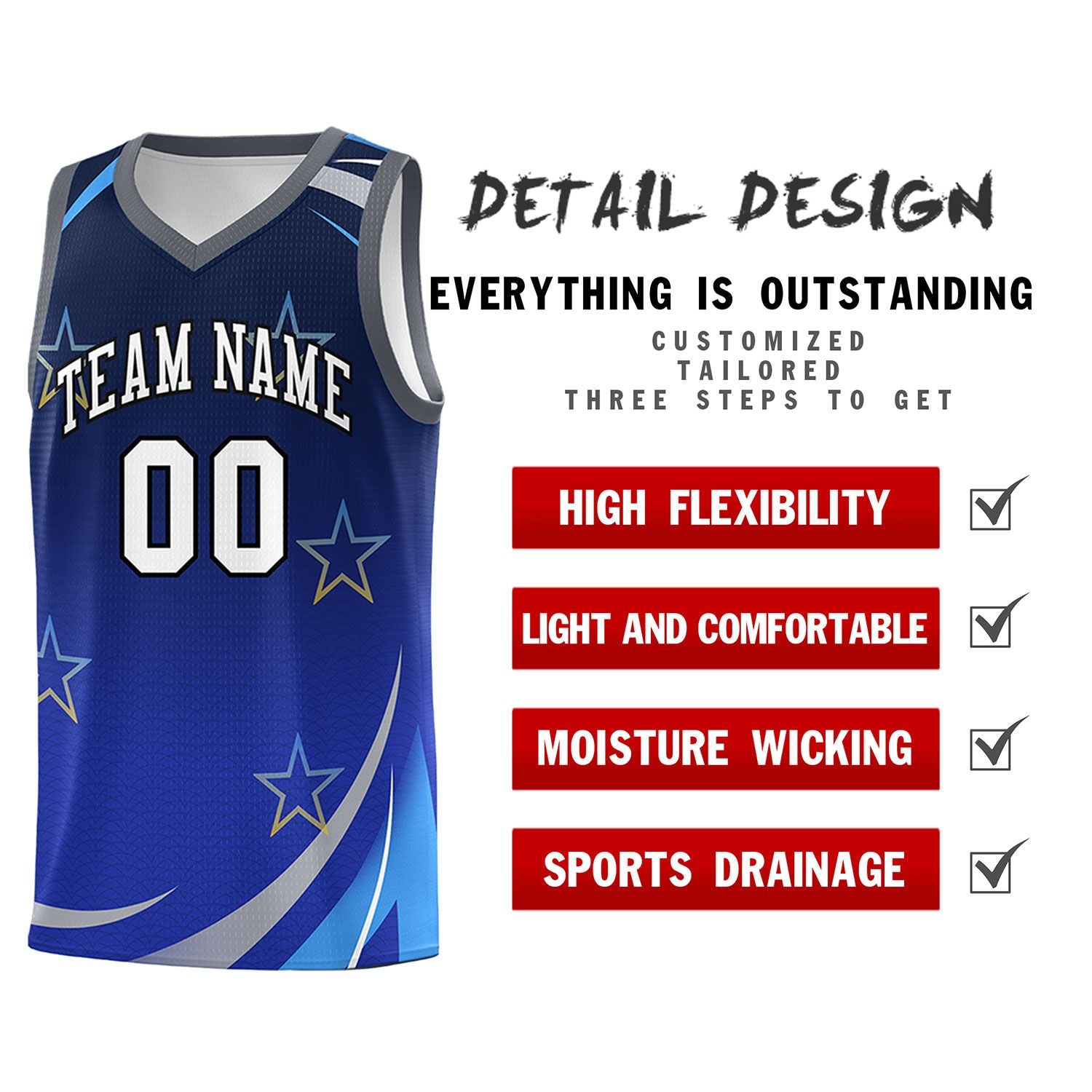 Custom Navy Royal Gradient Star Graffiti Pattern Sports Uniform Basketball Jersey