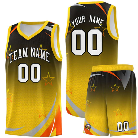 Custom Black Gold Gradient Star Graffiti Pattern Sports Uniform Basketball Jersey