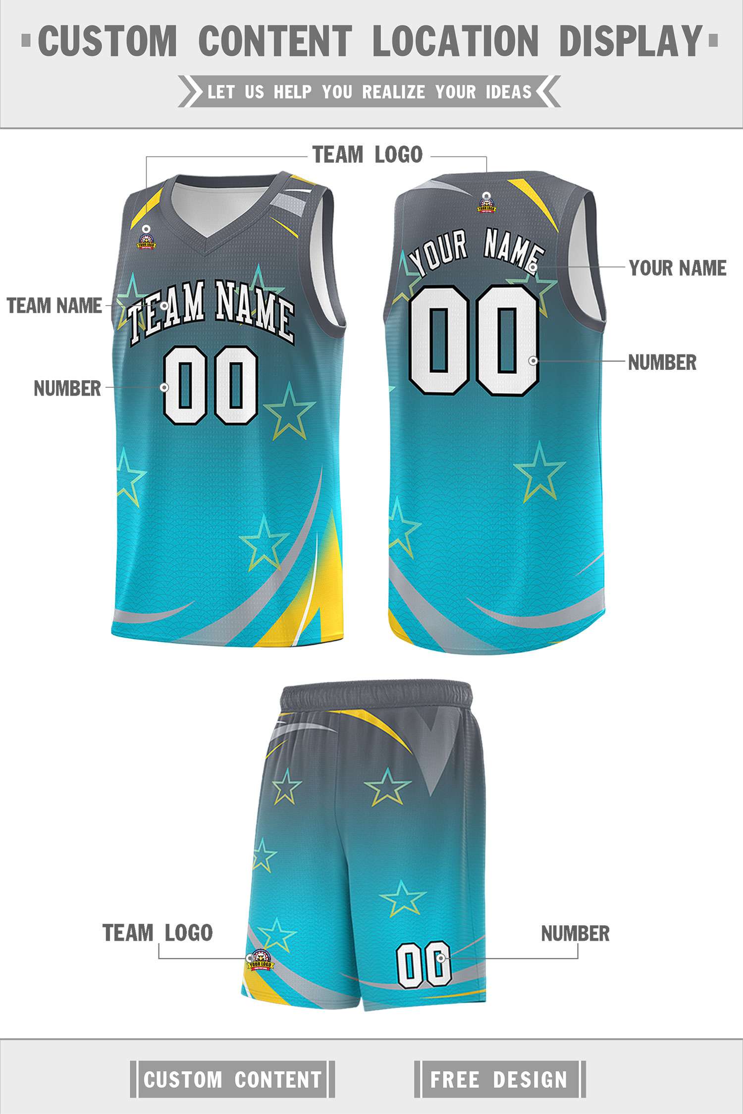 Custom Gray Sky Blue Gradient Star Graffiti Pattern Sports Uniform Basketball Jersey